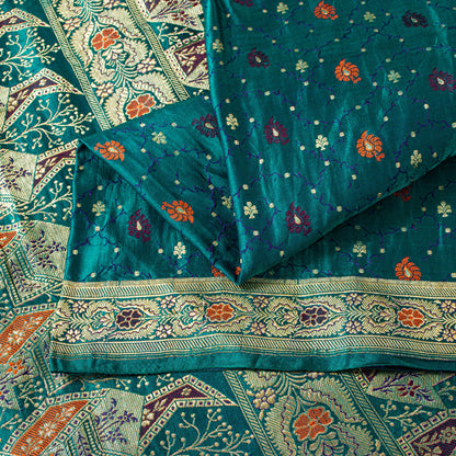 Sanskriti Vintage Saree Blue 100% Pure Satin Silk 5+Yd Sari Banarasi Brocade Zari HandWoven Uses-Table linen, Cushions, Curtains, Dressing