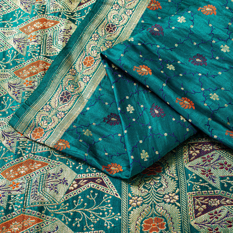 Sanskriti Vintage Saree Blue 100% Pure Satin Silk 5+Yd Sari Banarasi Brocade Zari HandWoven Uses-Table linen, Cushions, Curtains, Dressing