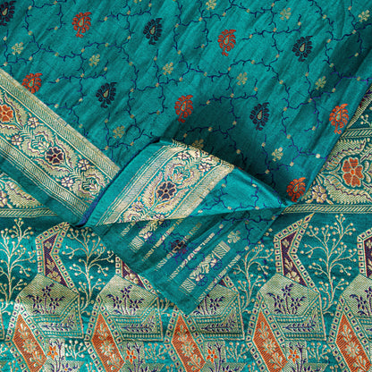 Sanskriti Vintage Saree Blue 100% Pure Satin Silk 5+Yd Sari Banarasi Brocade Zari HandWoven Uses-Table linen, Cushions, Curtains, Dressing