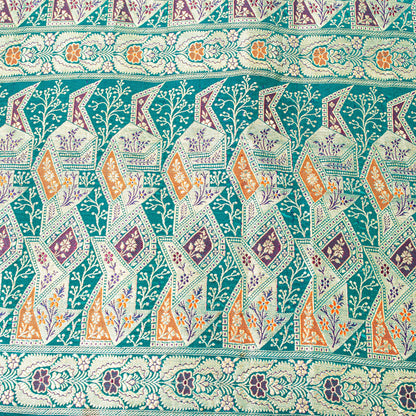 Sanskriti Vintage Saree Blue 100% Pure Satin Silk 5+Yd Sari Banarasi Brocade Zari HandWoven Uses-Table linen, Cushions, Curtains, Dressing