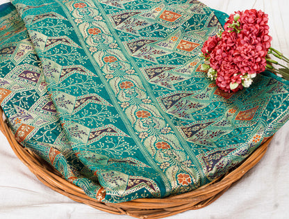 Sanskriti Vintage Saree Blue 100% Pure Satin Silk 5+Yd Sari Banarasi Brocade Zari HandWoven Uses-Table linen, Cushions, Curtains, Dressing