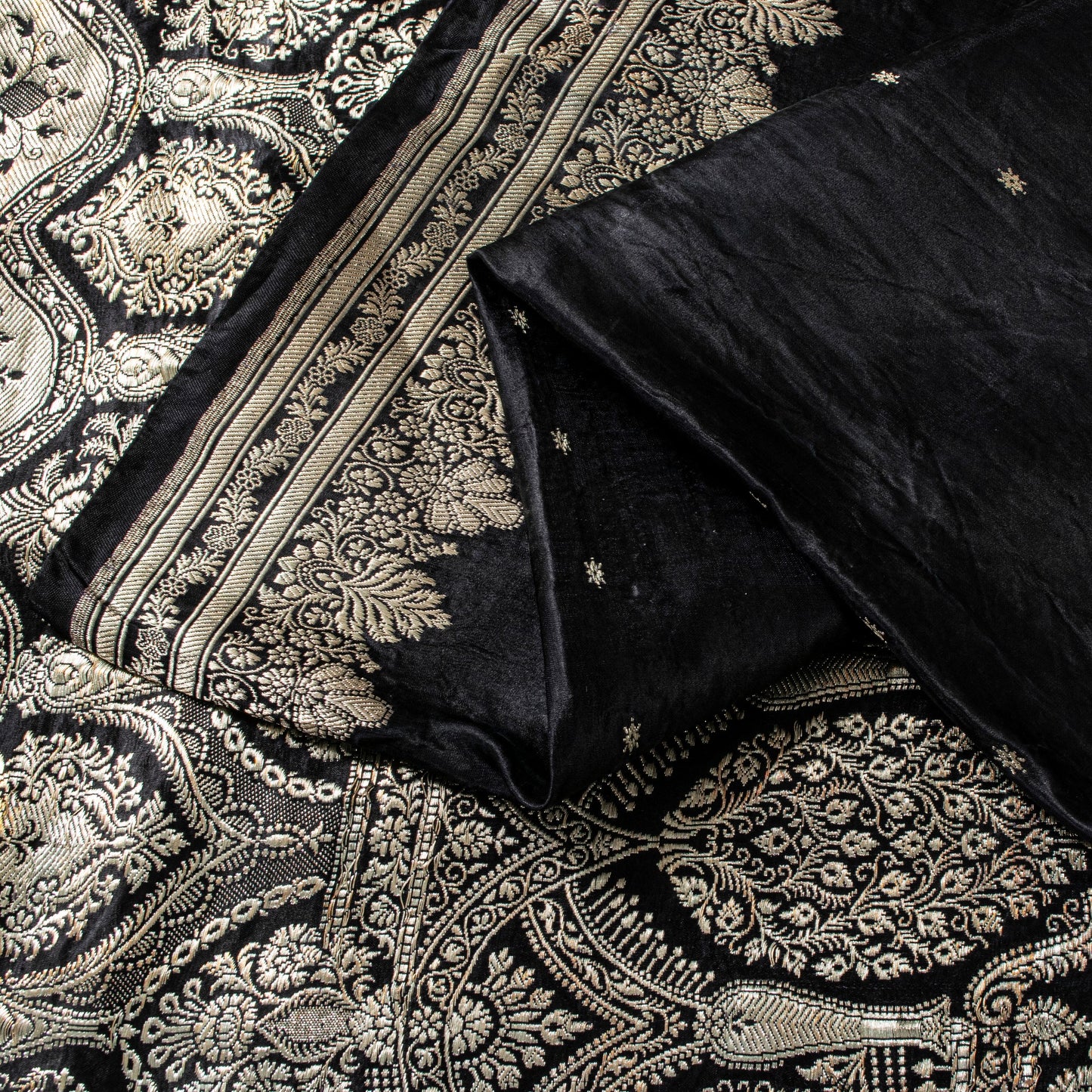 Sanskriti Vintage Black Pure Satin Saree Banarasi Brocade Zari Hand-Woven 6+Y