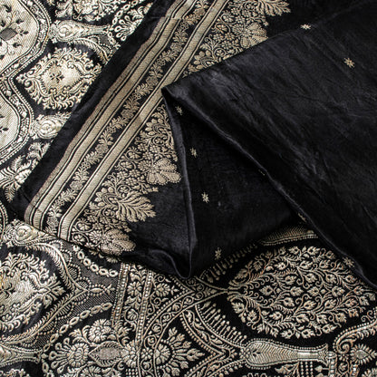 Sanskriti Vintage Black Pure Satin Saree Banarasi Brocade Zari Hand-Woven 6+Y
