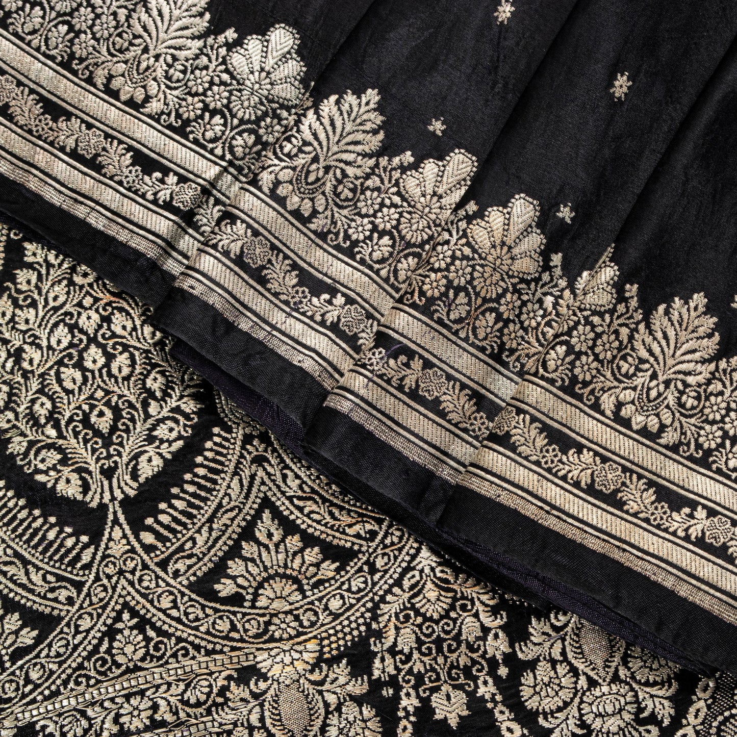 Sanskriti Vintage Black Pure Satin Saree Banarasi Brocade Zari Hand-Woven 6+Y