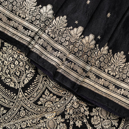 Sanskriti Vintage Black Pure Satin Saree Banarasi Brocade Zari Hand-Woven 6+Y