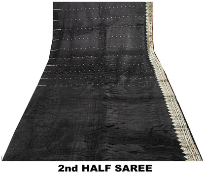 Sanskriti Vintage Black Pure Satin Saree Banarasi Brocade Zari Hand-Woven 6+Y