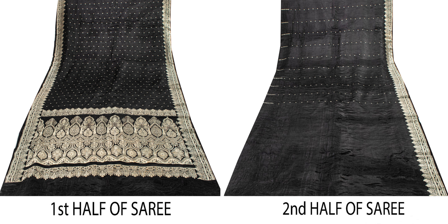 Sanskriti Vintage Black Pure Satin Saree Banarasi Brocade Zari Hand-Woven 6+Y