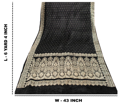 Sanskriti Vintage Black Pure Satin Saree Banarasi Brocade Zari Hand-Woven 6+Y