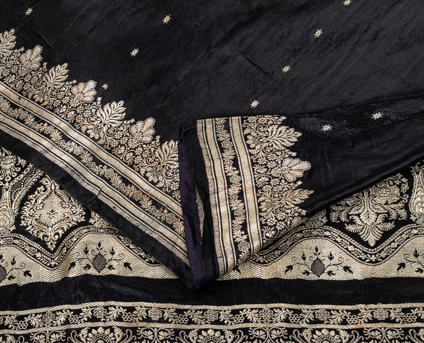 Sanskriti Vintage Black Pure Satin Saree Banarasi Brocade Zari Hand-Woven 6+Y