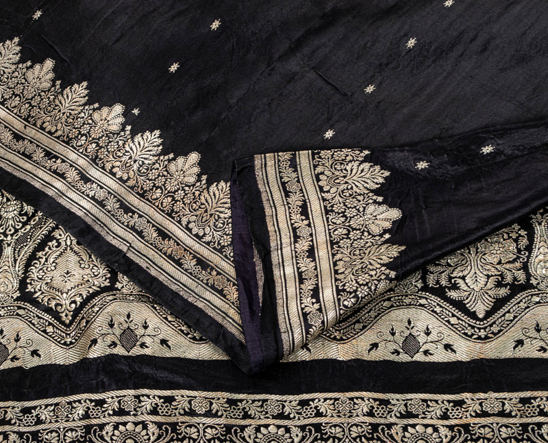 Sanskriti Vintage Black Pure Satin Saree Banarasi Brocade Zari Hand-Woven 6+Y