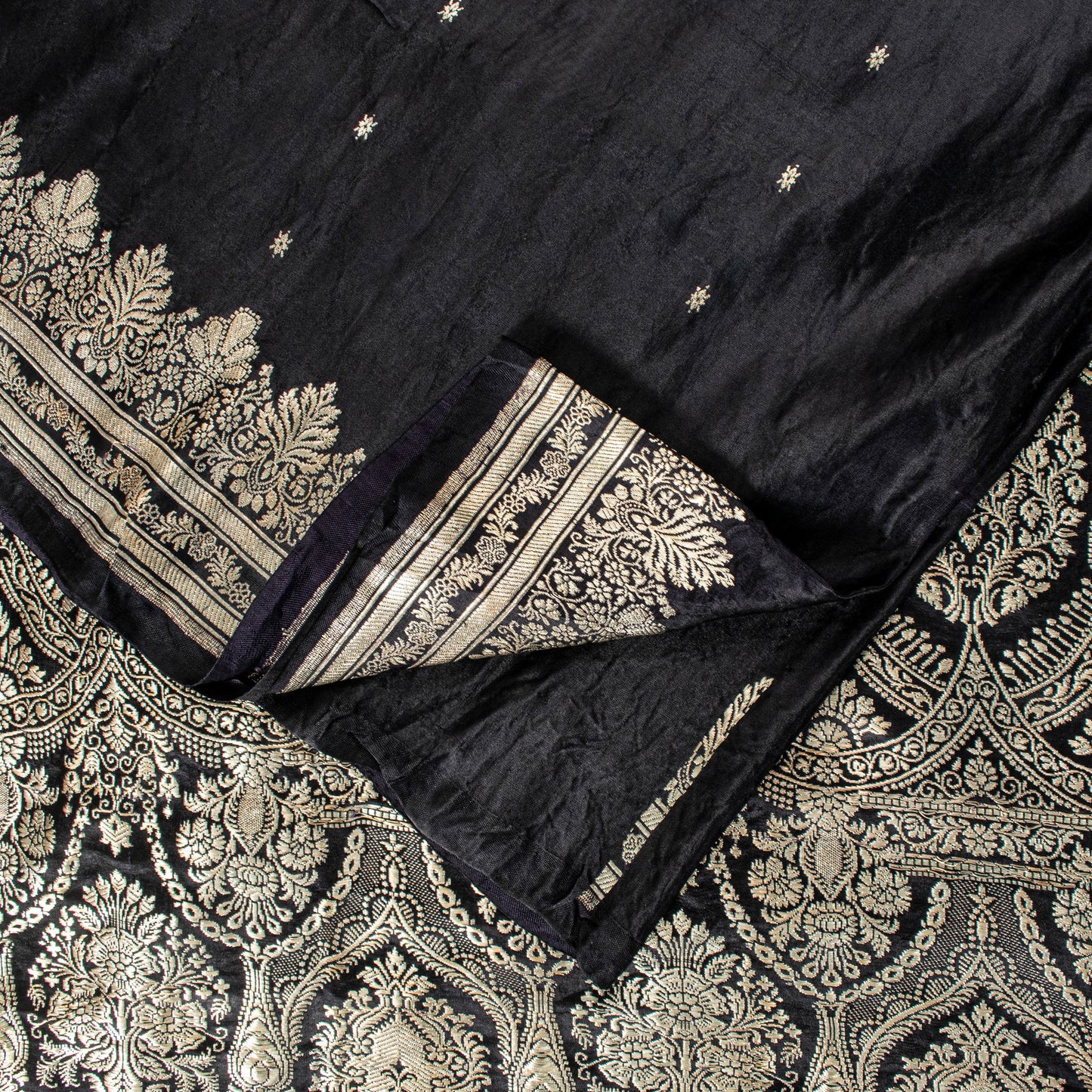 Sanskriti Vintage Black Pure Satin Saree Banarasi Brocade Zari Hand-Woven 6+Y