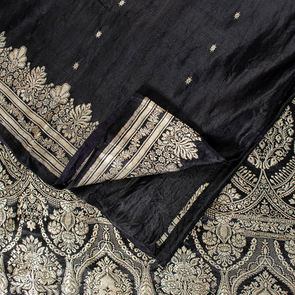 Sanskriti Vintage Black Pure Satin Saree Banarasi Brocade Zari Hand-Woven 6+Y