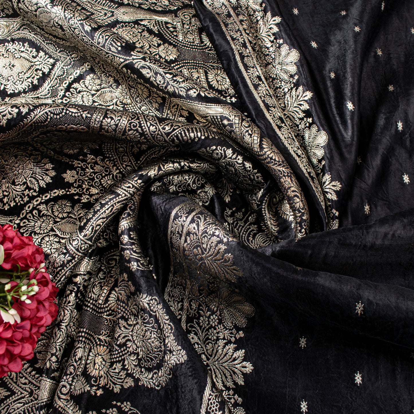 Sanskriti Vintage Black Pure Satin Saree Banarasi Brocade Zari Hand-Woven 6+Y