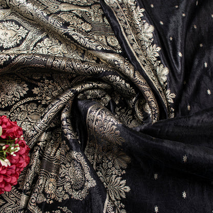Sanskriti Vintage Black Pure Satin Saree Banarasi Brocade Zari Hand-Woven 6+Y
