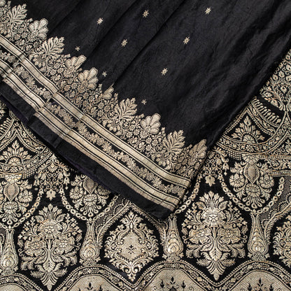 Sanskriti Vintage Black Pure Satin Saree Banarasi Brocade Zari Hand-Woven 6+Y