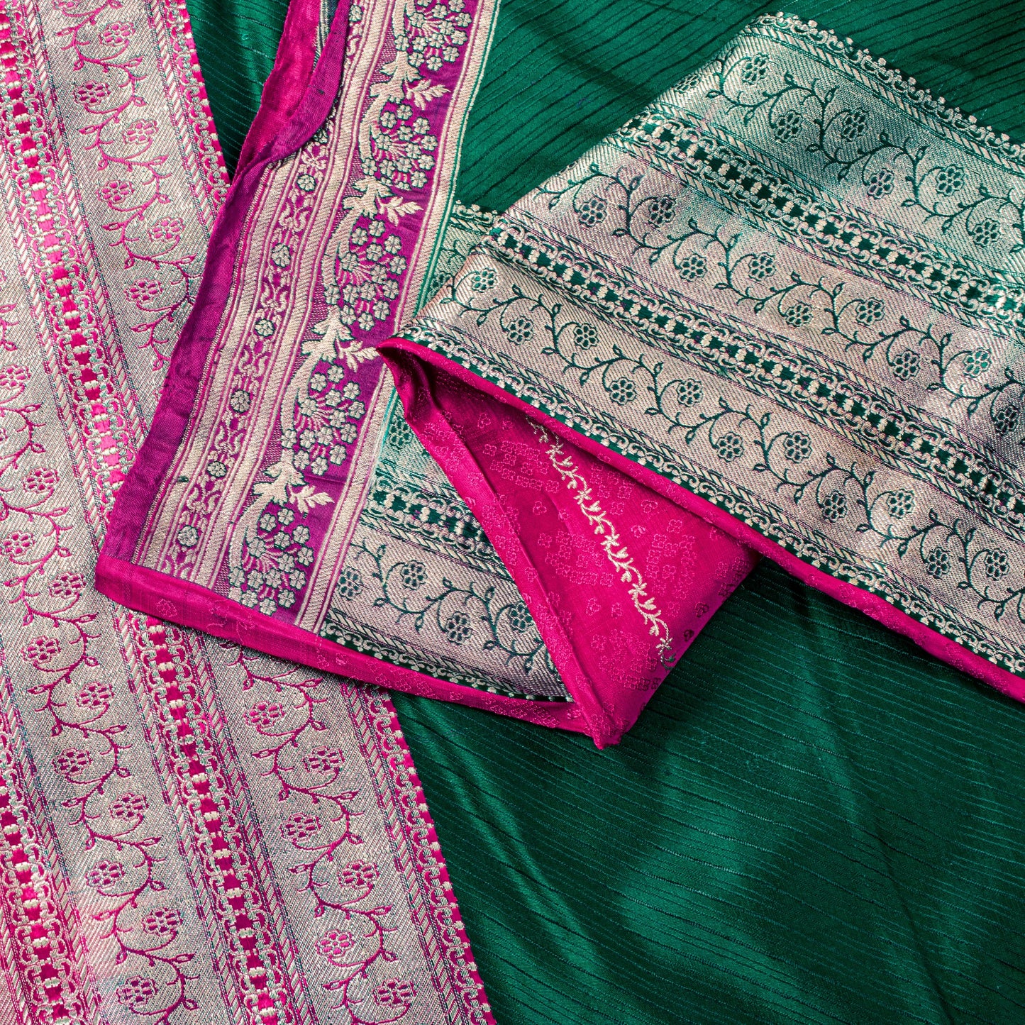 Sanskriti Vintage Green-Pink Pure Saree Banarasi Brocade Zari Hand-Woven 5+YD