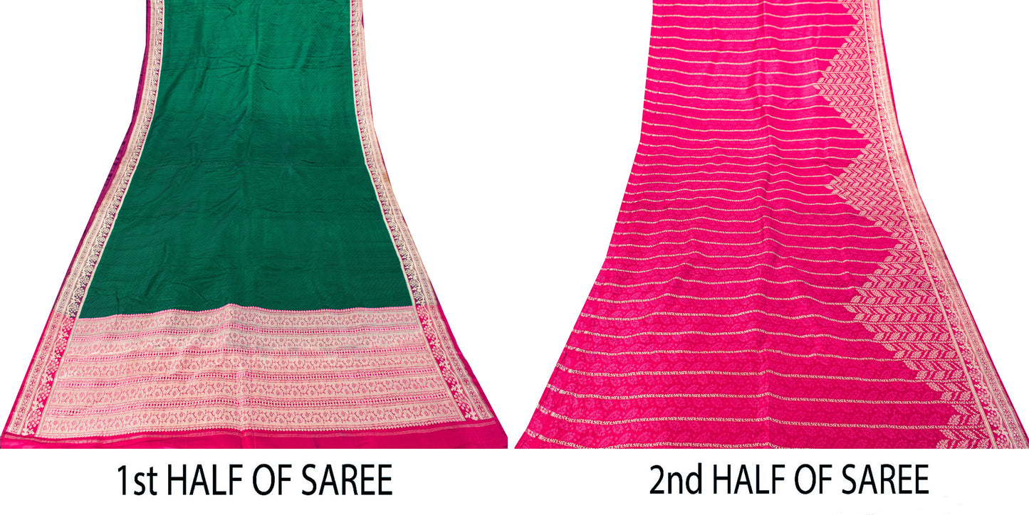 Sanskriti Vintage Green-Pink Pure Saree Banarasi Brocade Zari Hand-Woven 5+YD