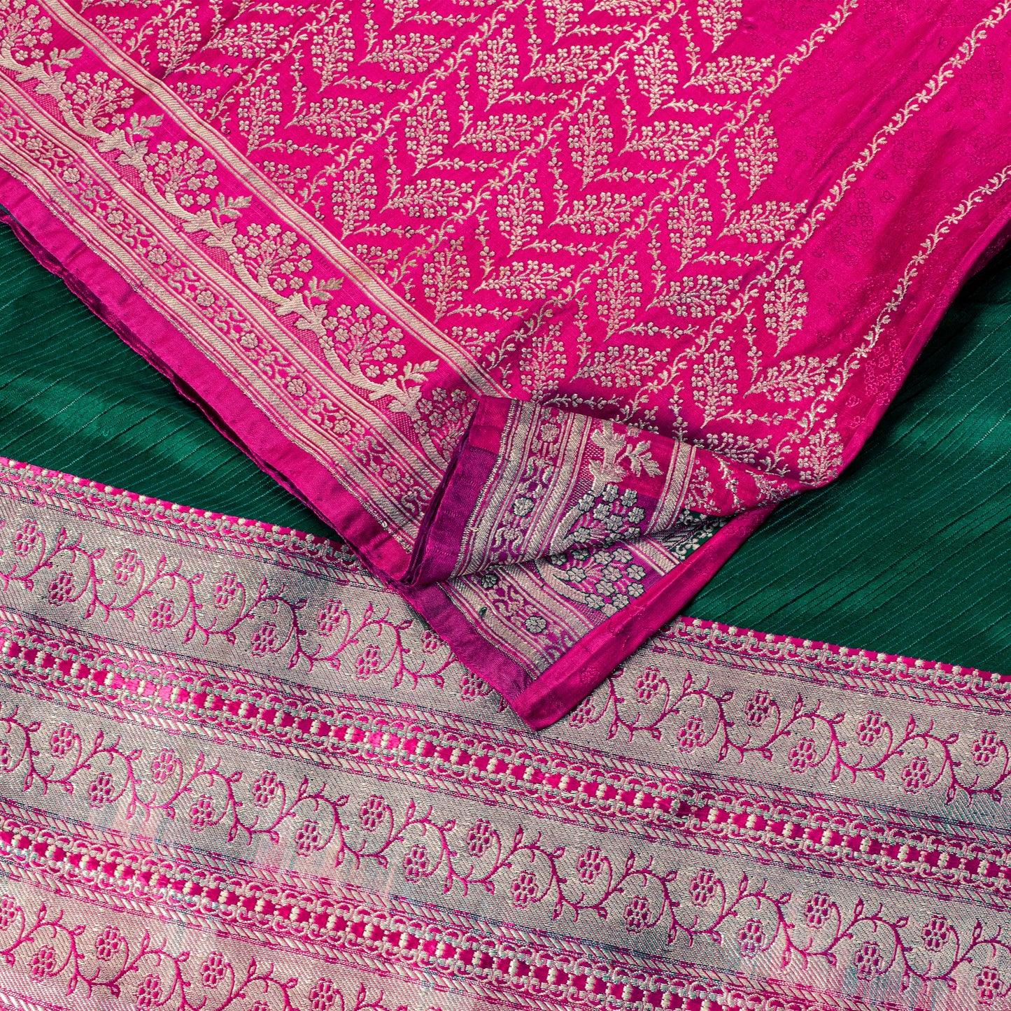 Sanskriti Vintage Green-Pink Pure Saree Banarasi Brocade Zari Hand-Woven 5+YD