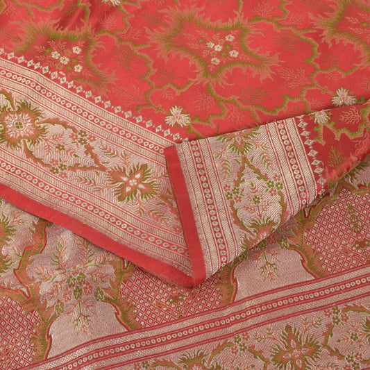 Sanskriti Vintage Red Pure Satin Saree Modern Tanchoi Brocade Zari Hand-Woven 5+