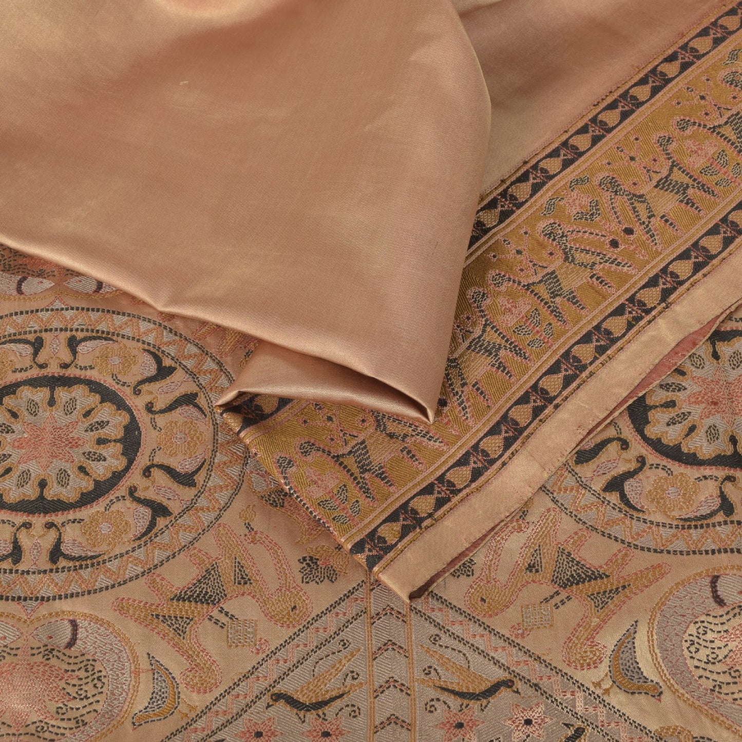 Sanskriti Vintage Pink Soft Pure Satin Saree Banarasi Brocade Hand-Woven 5.5+Yd