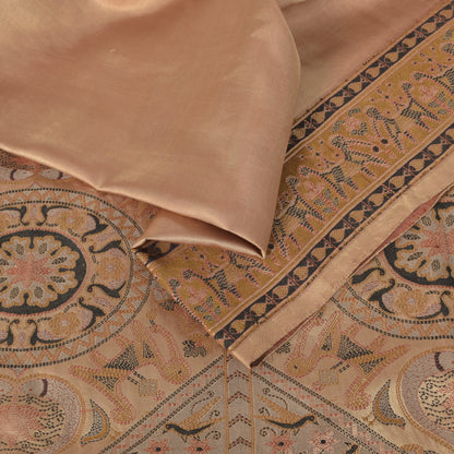 Sanskriti Vintage Pink Soft Pure Satin Saree Banarasi Brocade Hand-Woven 5.5+Yd