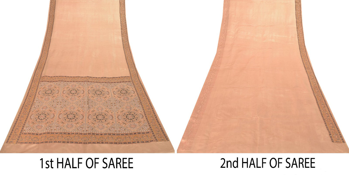 Sanskriti Vintage Pink Soft Pure Satin Saree Banarasi Brocade Hand-Woven 5.5+Yd