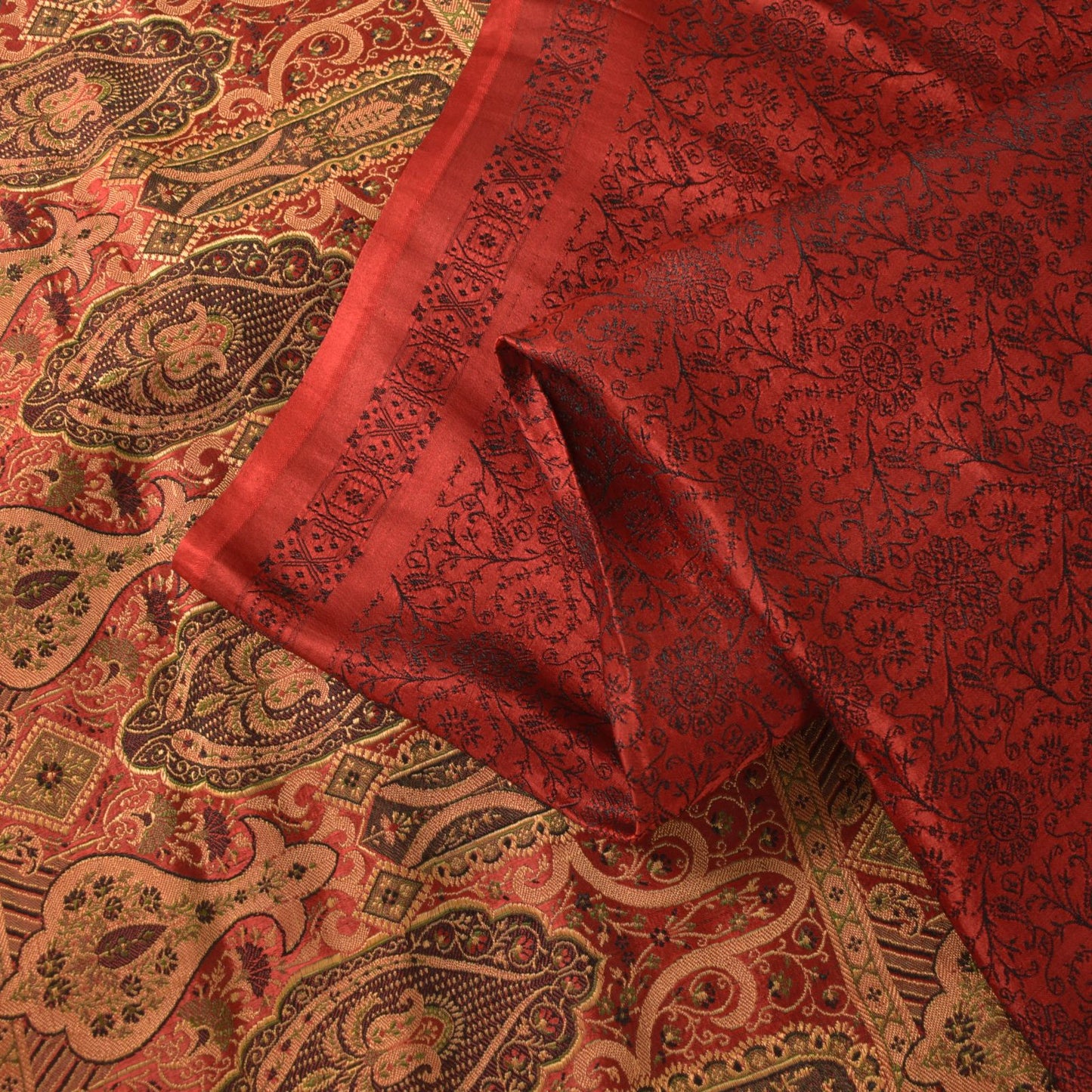 Sanskriti Vintage Soft DarkRed Pure Satin Saree Banarasi Brocade Hand-Woven 5+YD
