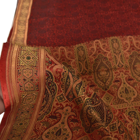 Sanskriti Vintage Soft DarkRed Pure Satin Saree Banarasi Brocade Hand-Woven 5+YD