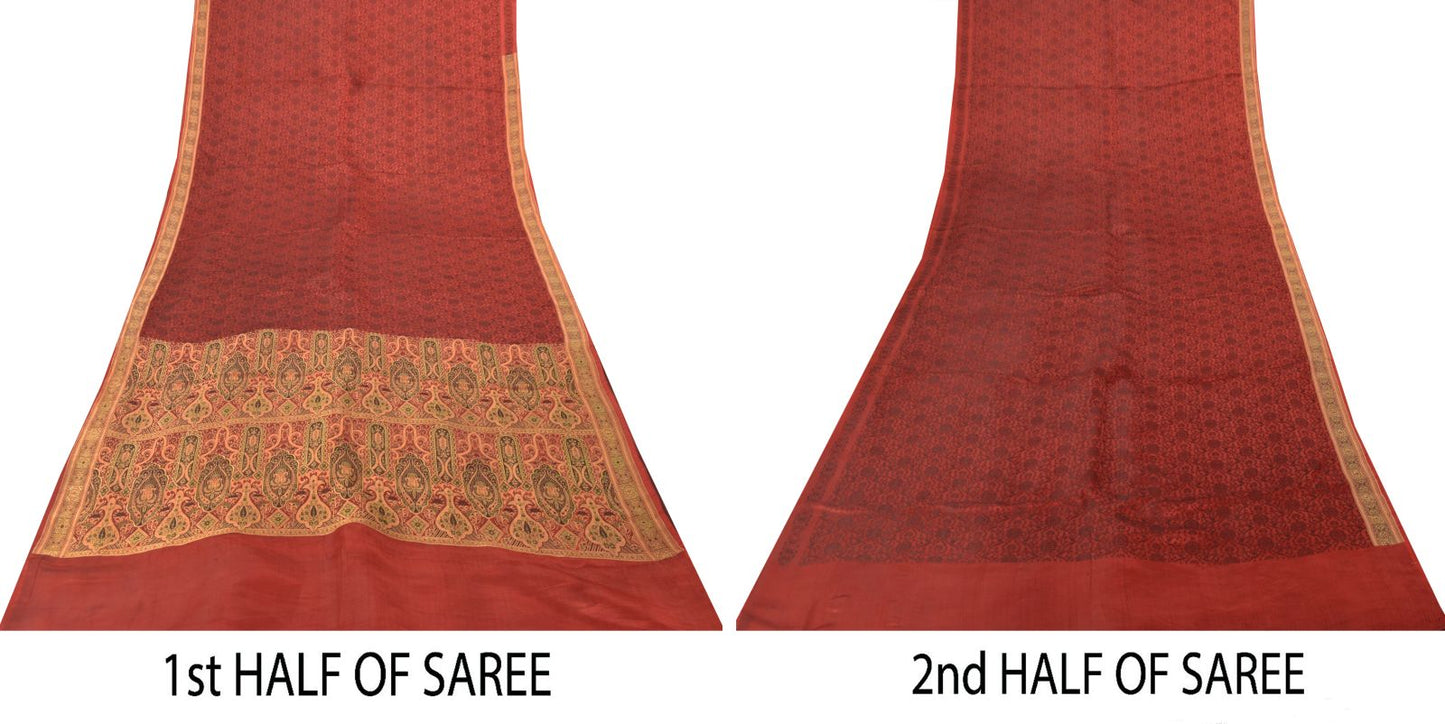 Sanskriti Vintage Soft DarkRed Pure Satin Saree Banarasi Brocade Hand-Woven 5+YD