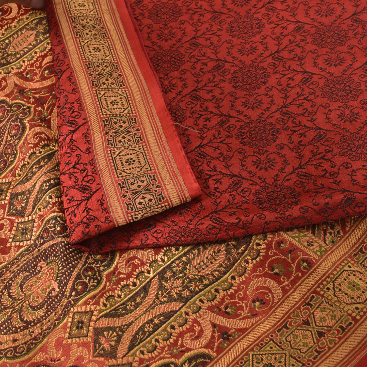 Sanskriti Vintage Soft DarkRed Pure Satin Saree Banarasi Brocade Hand-Woven 5+YD