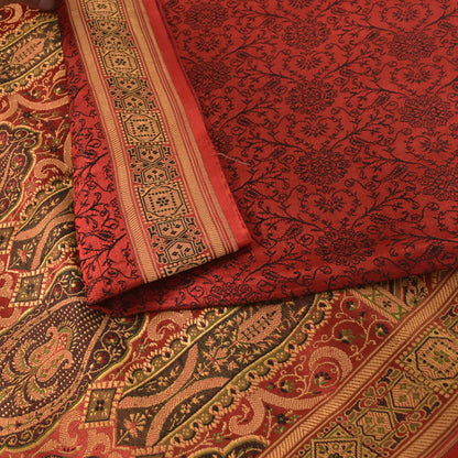 Sanskriti Vintage Soft DarkRed Pure Satin Saree Banarasi Brocade Hand-Woven 5+YD