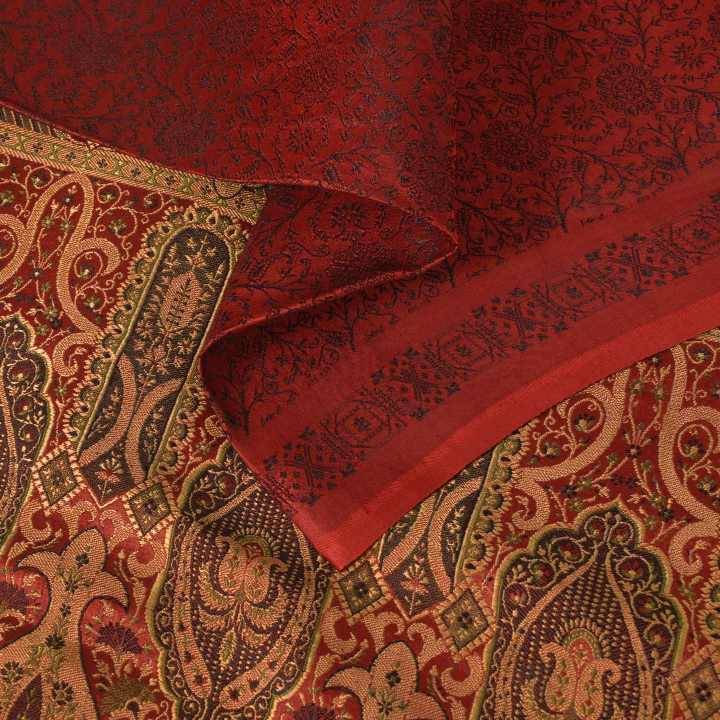 Sanskriti Vintage Soft DarkRed Pure Satin Saree Banarasi Brocade Hand-Woven 5+YD