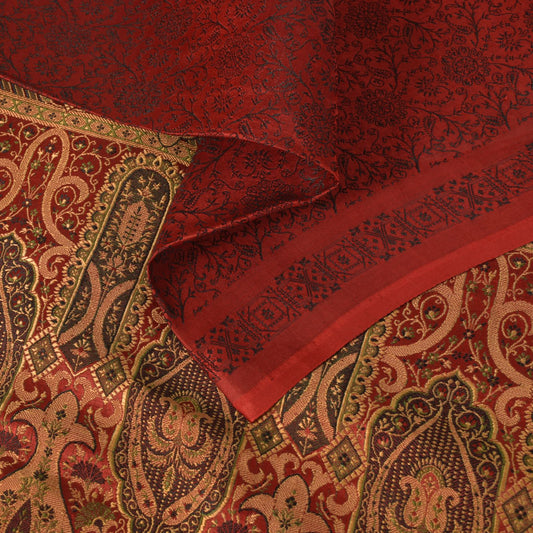 Sanskriti Vintage Soft DarkRed Pure Satin Saree Banarasi Brocade Hand-Woven 5+YD
