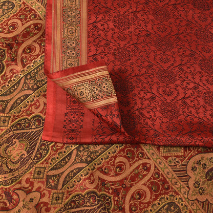 Sanskriti Vintage Soft DarkRed Pure Satin Saree Banarasi Brocade Hand-Woven 5+YD