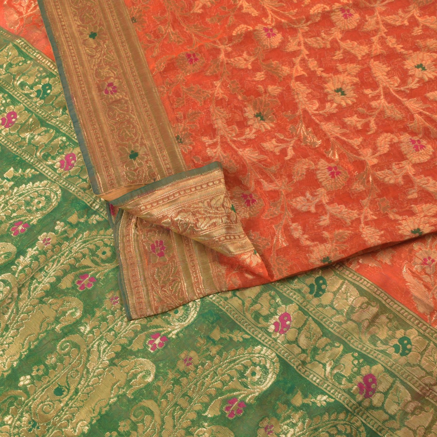 Sanskriti Vintage Orange Pure Silk Saree Banarasi Brocade Zari Hand-Woven 5+YD