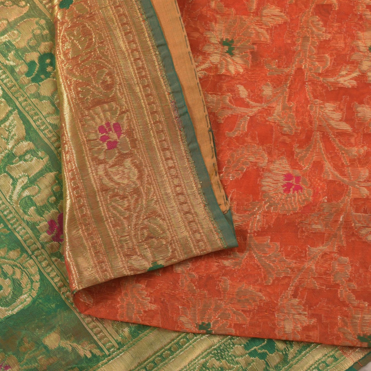 Sanskriti Vintage Orange Pure Silk Saree Banarasi Brocade Zari Hand-Woven 5+YD