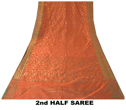 Sanskriti Vintage Orange Pure Silk Saree Banarasi Brocade Zari Hand-Woven 5+YD