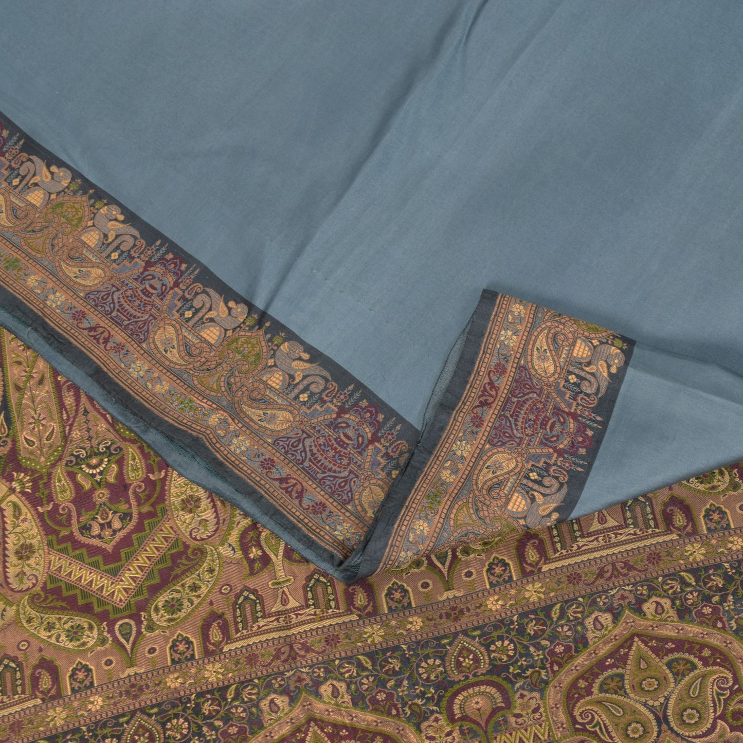 Sanskriti Vintage Gray-Blue 100%Pure Silk Saree Tanchoi Brocade Hand-Woven 5.5YD