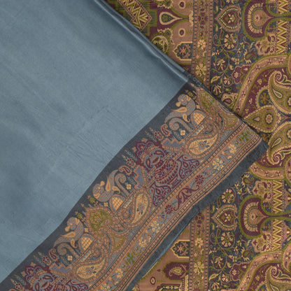 Sanskriti Vintage Gray-Blue 100%Pure Silk Saree Tanchoi Brocade Hand-Woven 5.5YD