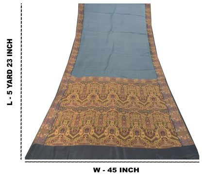 Sanskriti Vintage Gray-Blue 100%Pure Silk Saree Tanchoi Brocade Hand-Woven 5.5YD
