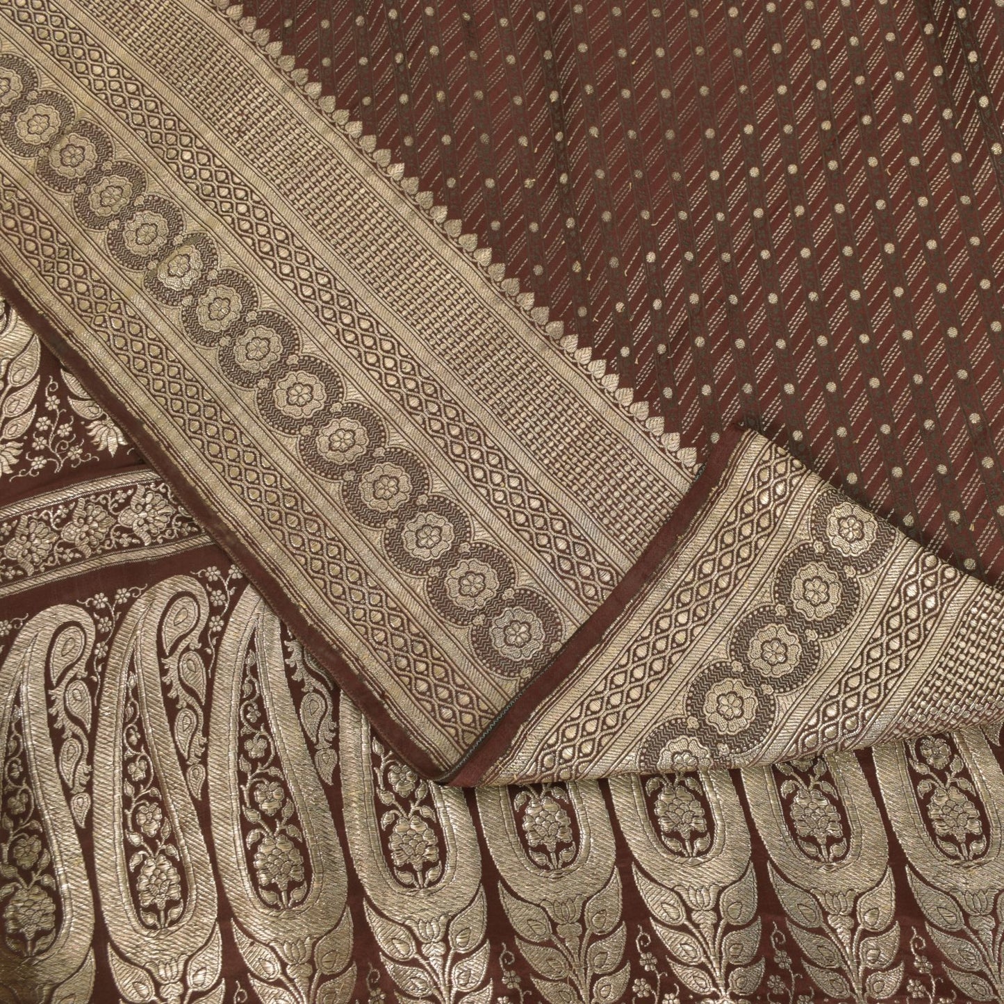 Sanskriti Vintage Brown Soft Pure Satin Saree Banarasi Brocade Zari Handmade 5+Y