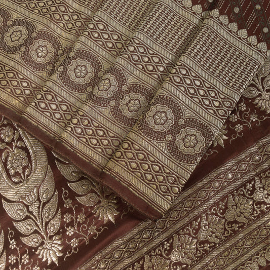 Sanskriti Vintage Brown Soft Pure Satin Saree Banarasi Brocade Zari Handmade 5+Y