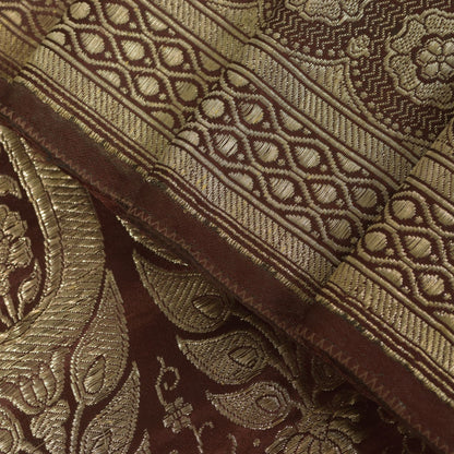 Sanskriti Vintage Brown Soft Pure Satin Saree Banarasi Brocade Zari Handmade 5+Y