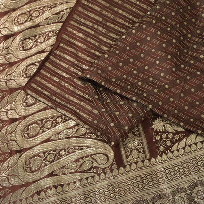 Sanskriti Vintage Brown Soft Pure Satin Saree Banarasi Brocade Zari Handmade 5+Y