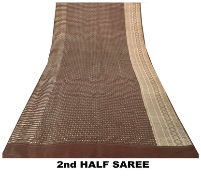 Sanskriti Vintage Brown Soft Pure Satin Saree Banarasi Brocade Zari Handmade 5+Y