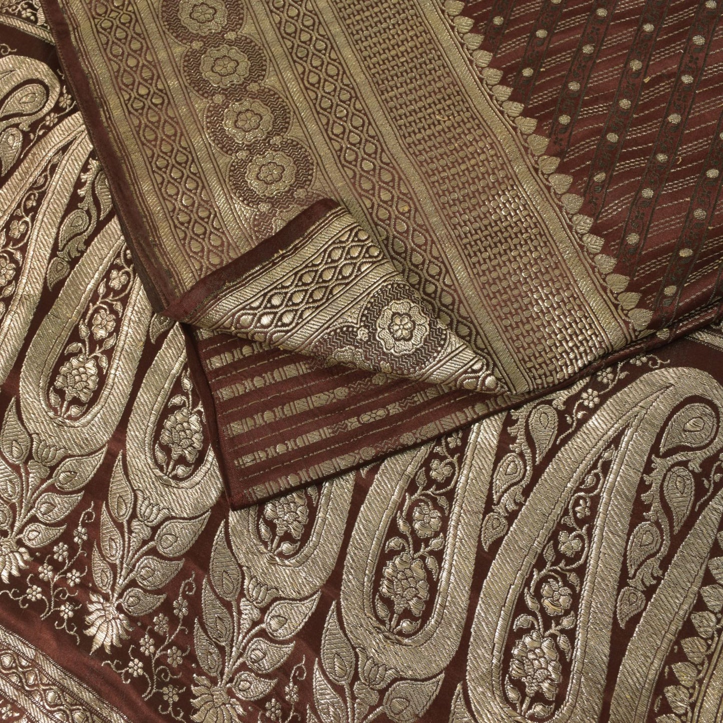 Sanskriti Vintage Brown Soft Pure Satin Saree Banarasi Brocade Zari Handmade 5+Y