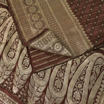 Sanskriti Vintage Brown Soft Pure Satin Saree Banarasi Brocade Zari Handmade 5+Y