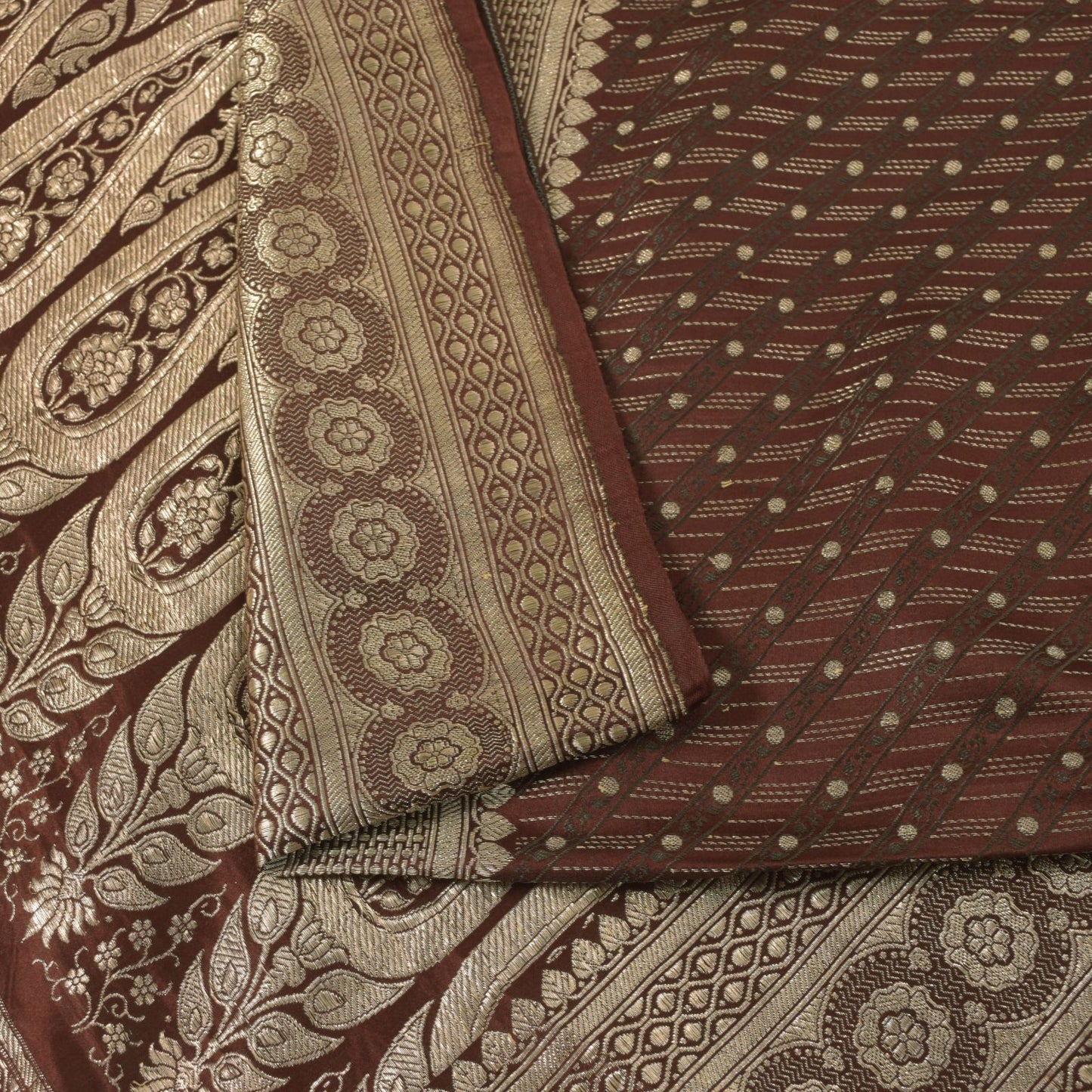 Sanskriti Vintage Brown Soft Pure Satin Saree Banarasi Brocade Zari Handmade 5+Y