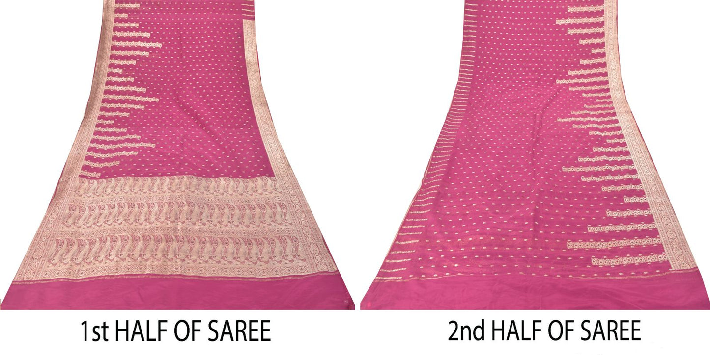 Sanskriti Vintage Pink Soft Blend Silk Saree Banarasi Brocade Zari Handmade 5.5Y