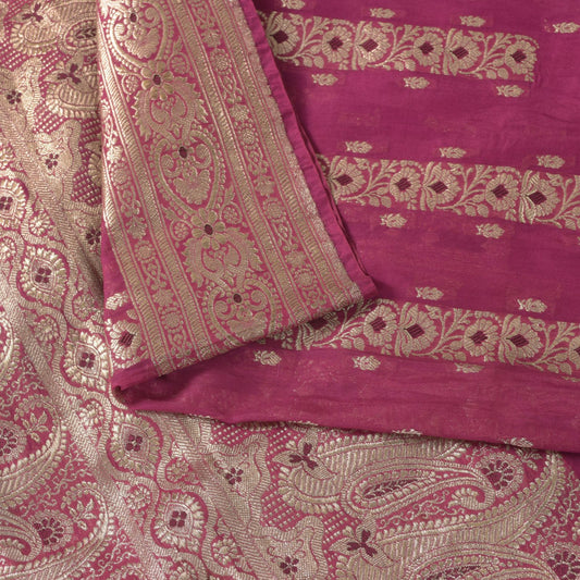 Sanskriti Vintage Pink Soft Blend Silk Saree Banarasi Brocade Zari Handmade 5.5Y